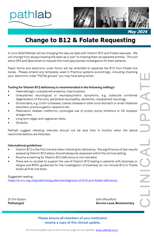Notification from Pathlab regarding a change to B12 & Folate Requesting