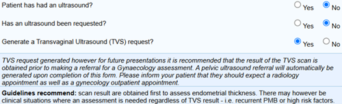 screen shot of menopausal bleeding ultrasound request option